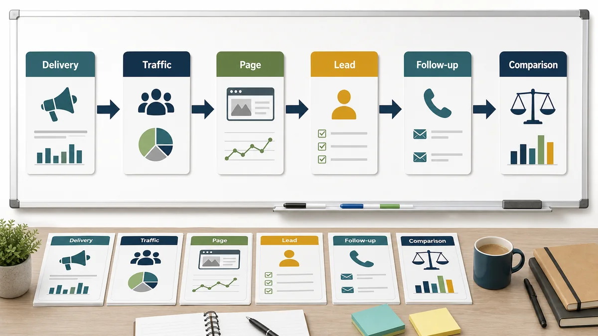 Evidence layer model for lead generation showing delivery, traffic, page, lead, follow-up, and comparison records.
