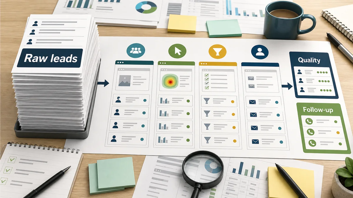 Lead quality review desk separating raw lead volume into traffic, page, quality, and follow-up records.