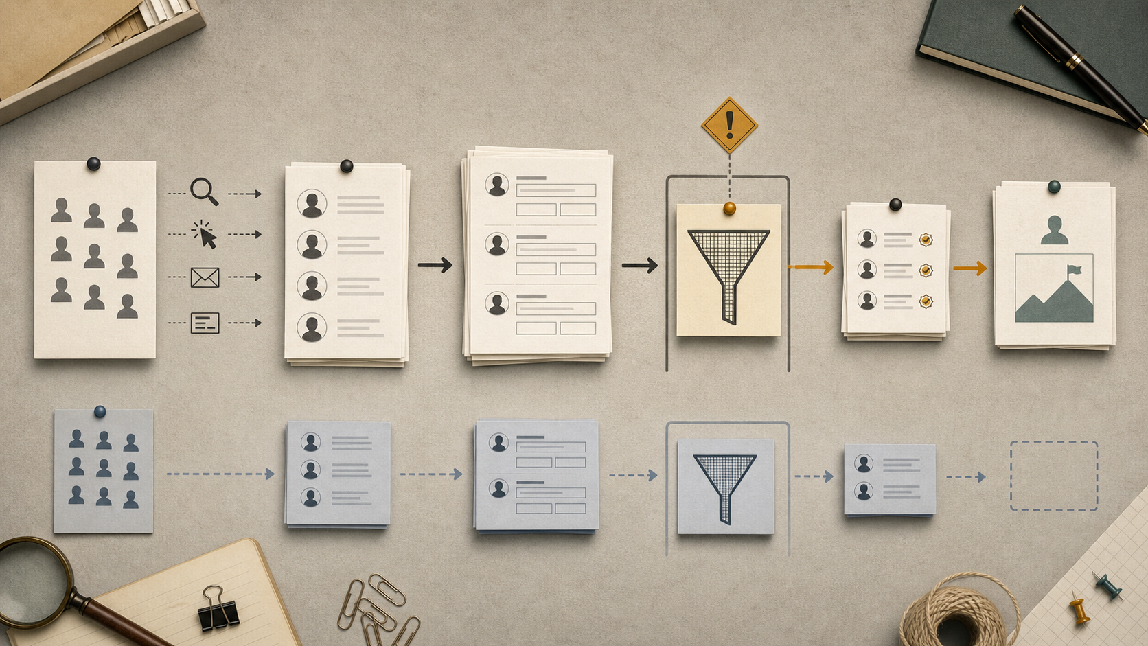 Editorial lead-quality review board showing form fills narrowed through qualification checks and compared with a counterfactual account lane.