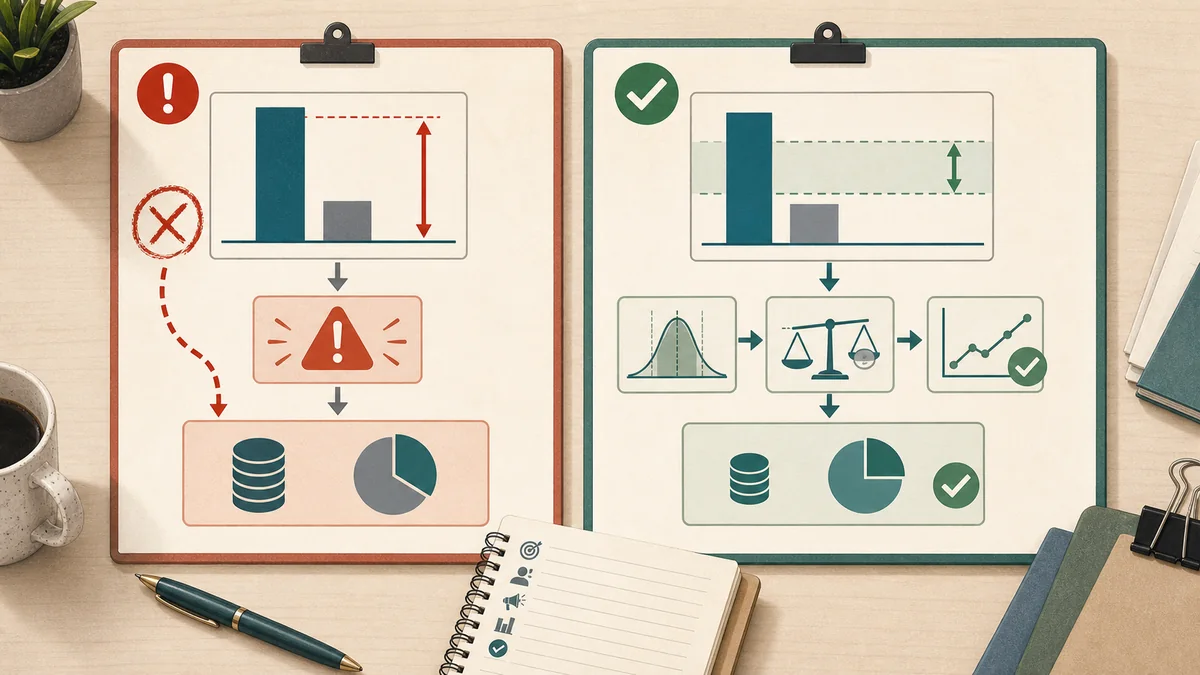 Two decision boards contrasting an overclaimed lift result with a bounded recommendation that checks uncertainty and outcome fit.