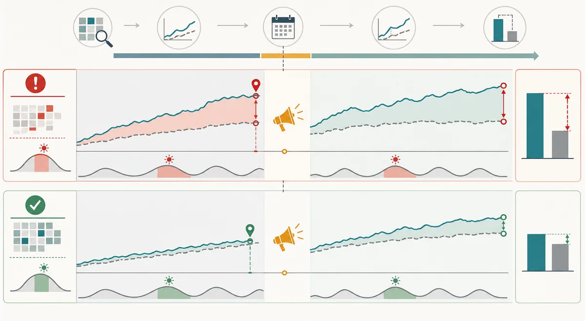 Two lift-test readouts contrasting a short promotional window overclaim with a cleaner seasonality-aware comparison.