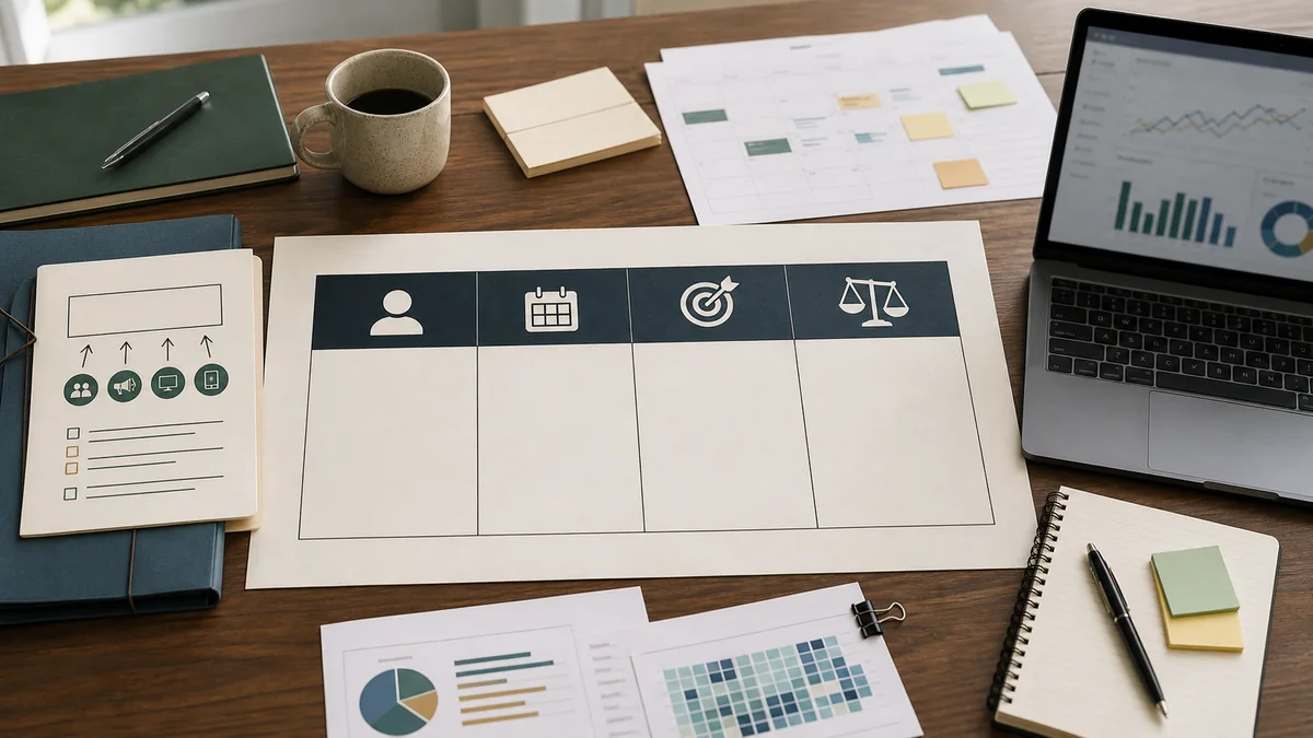 Planning desk with a measurement decision worksheet in front of a dashboard, campaign calendar, notes, and evidence papers.
