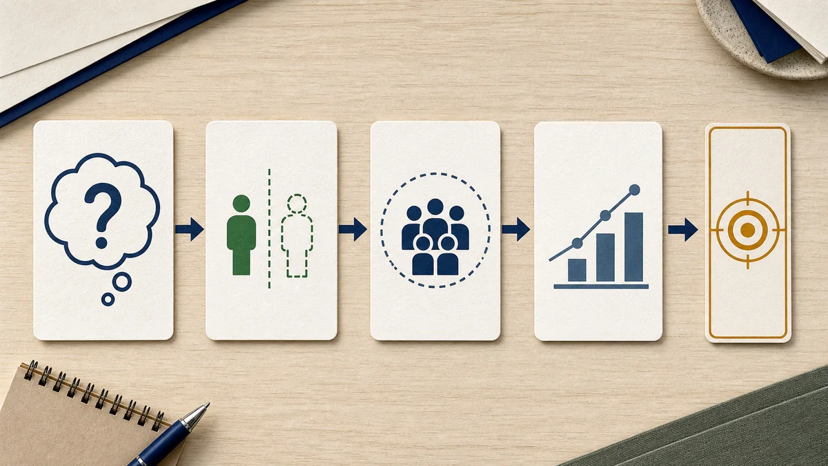 Paper-card evidence model moving from a broad question through comparison, audience, outcome, and a final claim boundary.