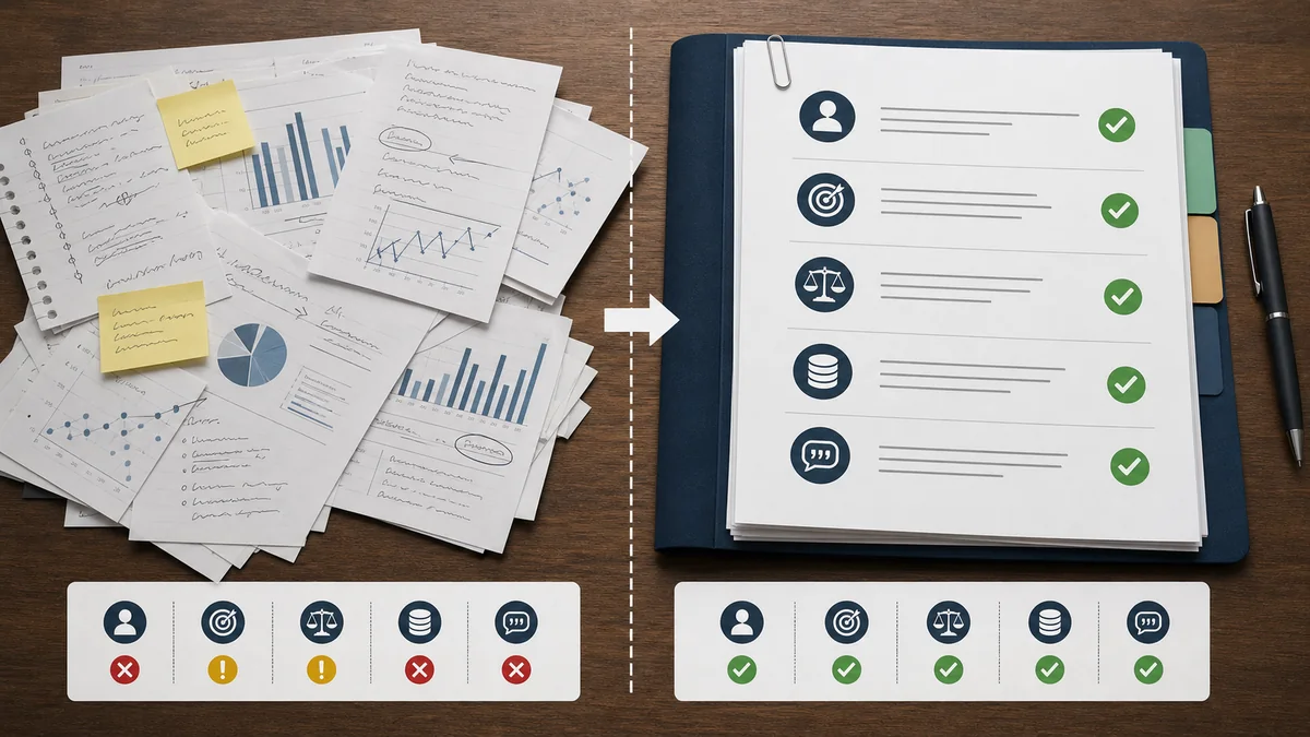 Before-and-after handoff packet showing messy campaign notes converted into an organized measurement brief with checked fields.