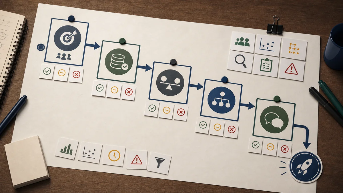 Measurement brief workflow map with checkpoints for decision, data readiness, comparison design, method lane, and readout language.