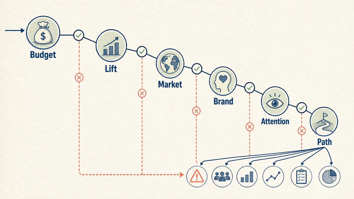 Diagnostic workflow map showing budget, lift, market, brand, attention, and path questions branching into separate method lanes.