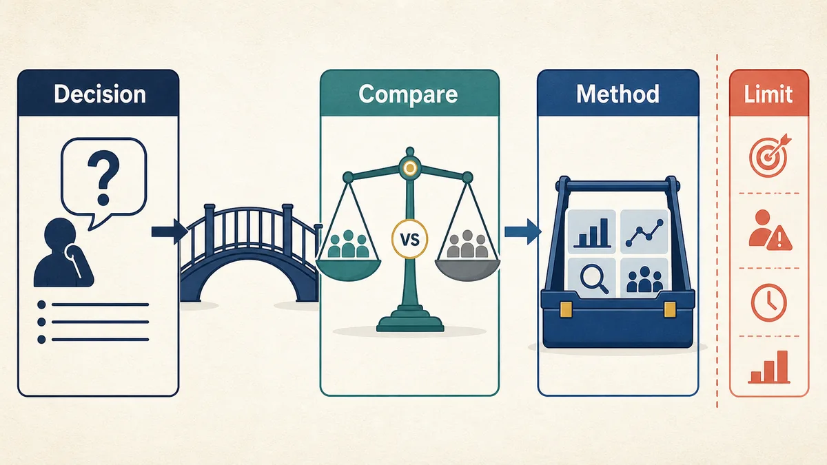 Infographic model connecting a decision card to a counterfactual comparison, a method toolkit, and a separate limit boundary.