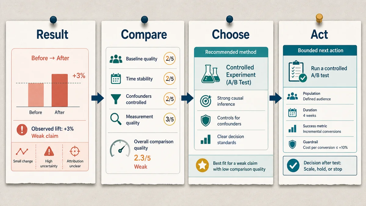 Worked decision board converting a weak before-after result into comparison checks, a controlled experiment recommendation, and bounded action rules.