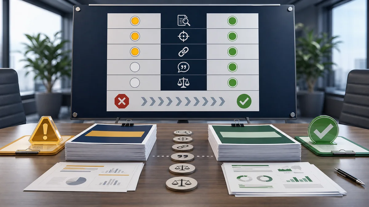 Decision board comparing a lower priced weak evidence proposal with an evidence-ready media proposal