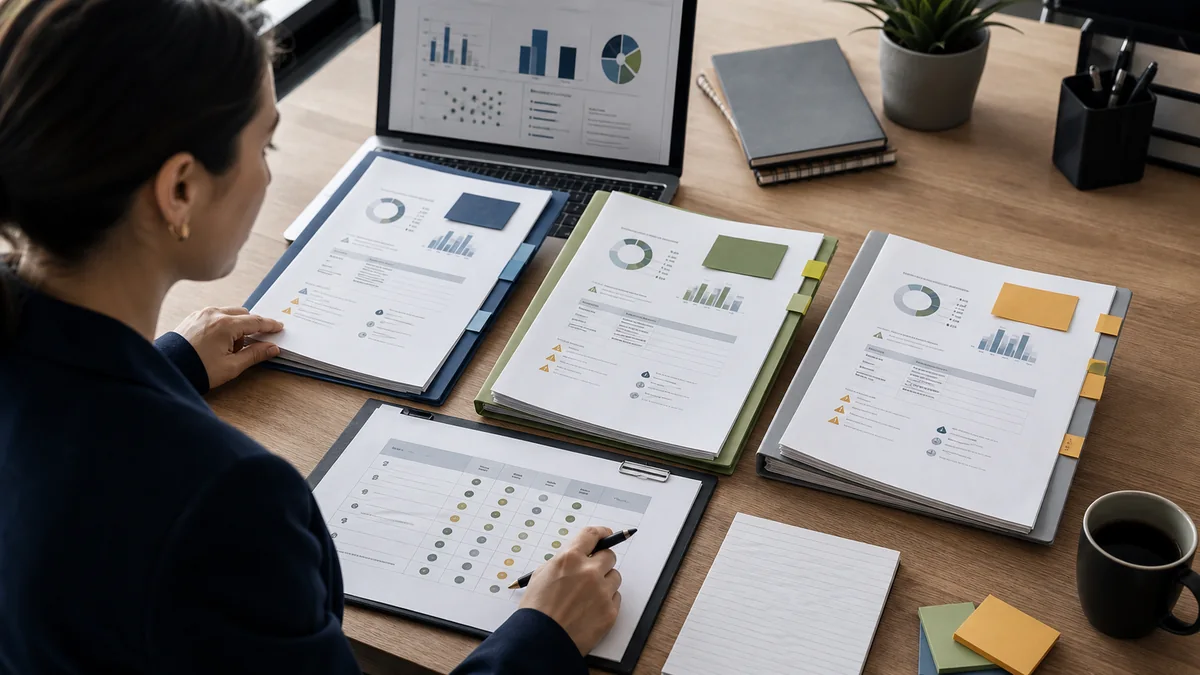 Marketer comparing media proposal packets with evidence score sheets before awarding a buy