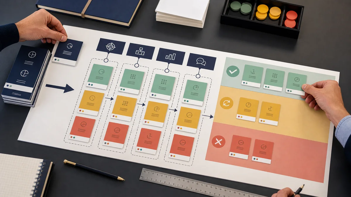 Media proposal cards moving through context, inventory, measurement, and claim-language scoring gates