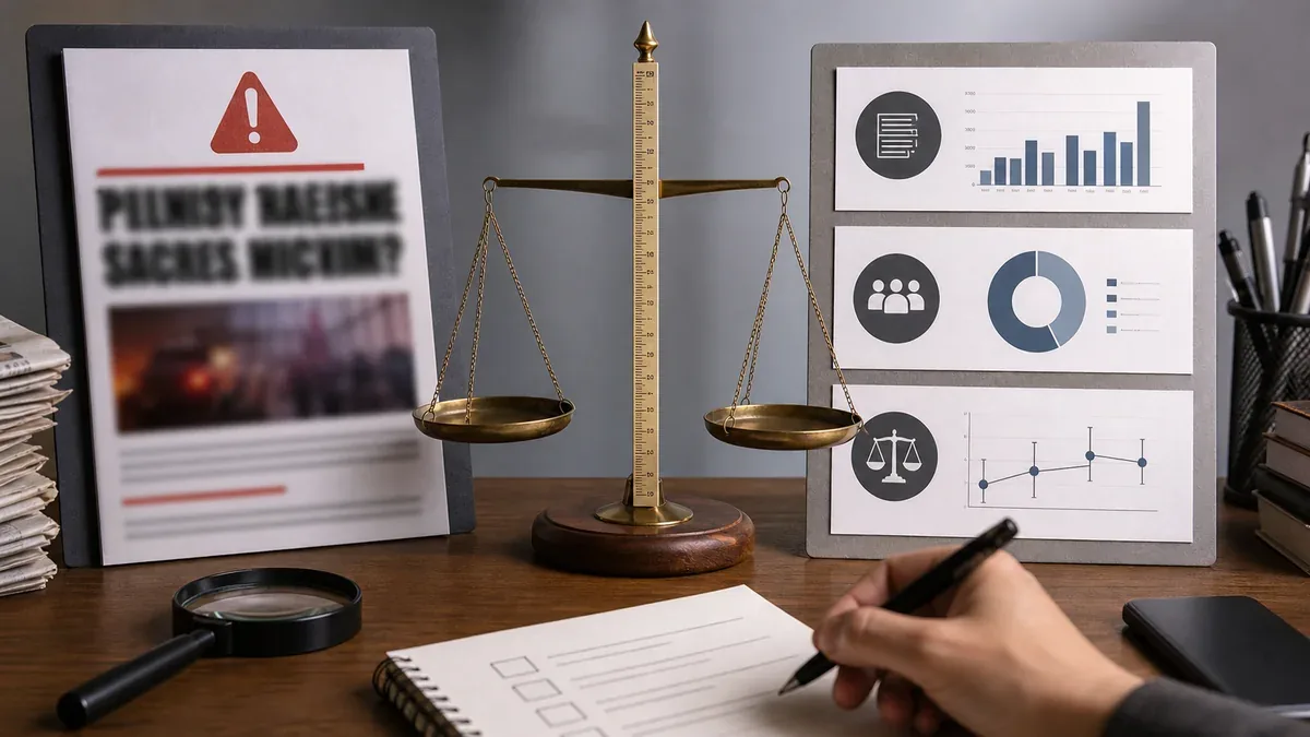 Desk layout comparing dramatic media framing with calmer evidence cards and benchmarks