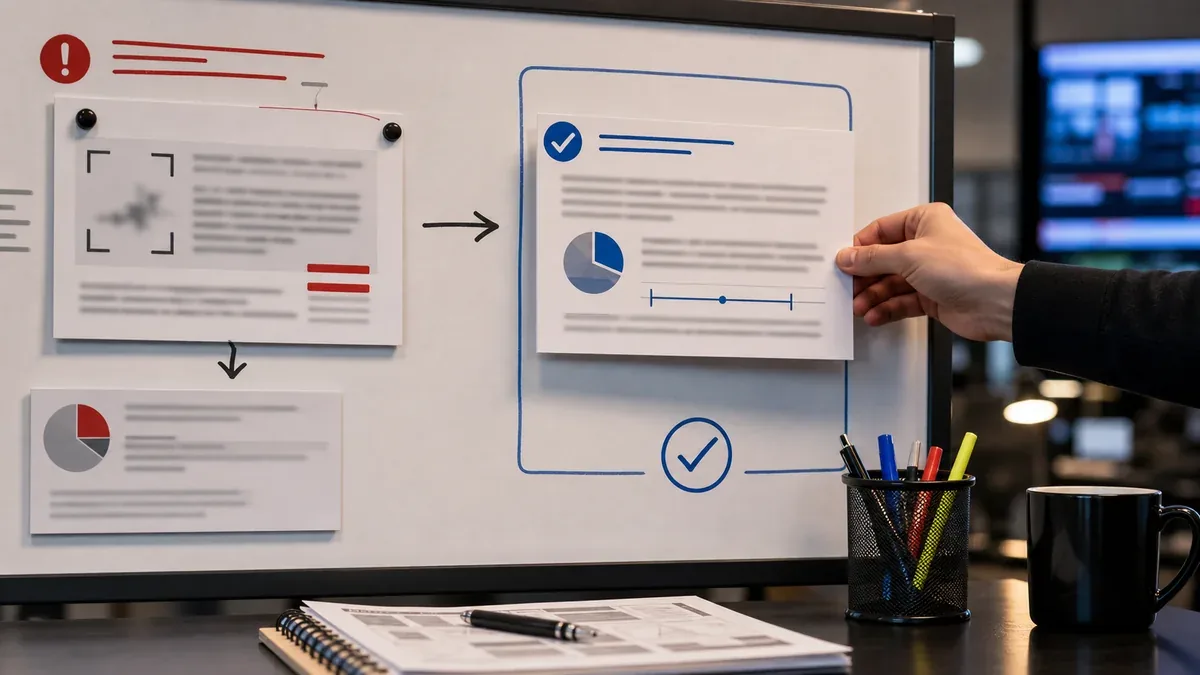 Before and after claim rewrite board with warning marker and approved evidence-backed card