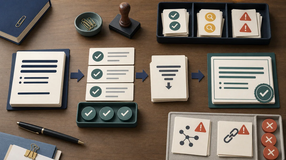 A claim-language downgrade board where a strong claim moves through evidence checks and becomes a bounded final reader note.