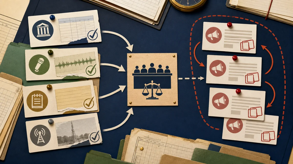 Independent public records and counter-context cards flowing into a review board while repeated announcement cards sit in a separate loop.