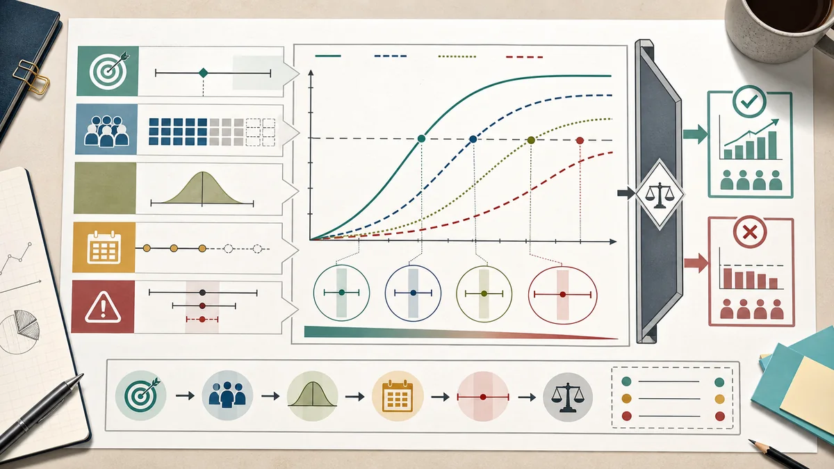 Editorial planning-board illustration showing sample size, base rate, test window, uncertainty, and action threshold checks before a lift result is used for a decision.