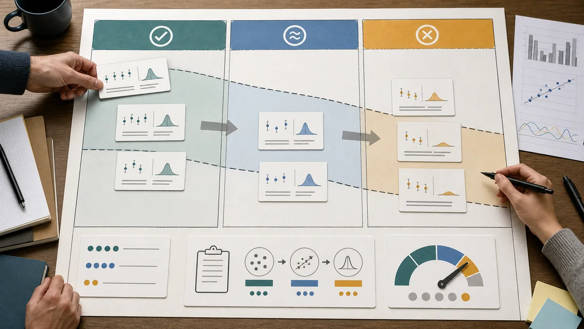 Calibration decision board sorting evidence into usable anchor, directional prior, and not ready for calibration lanes.