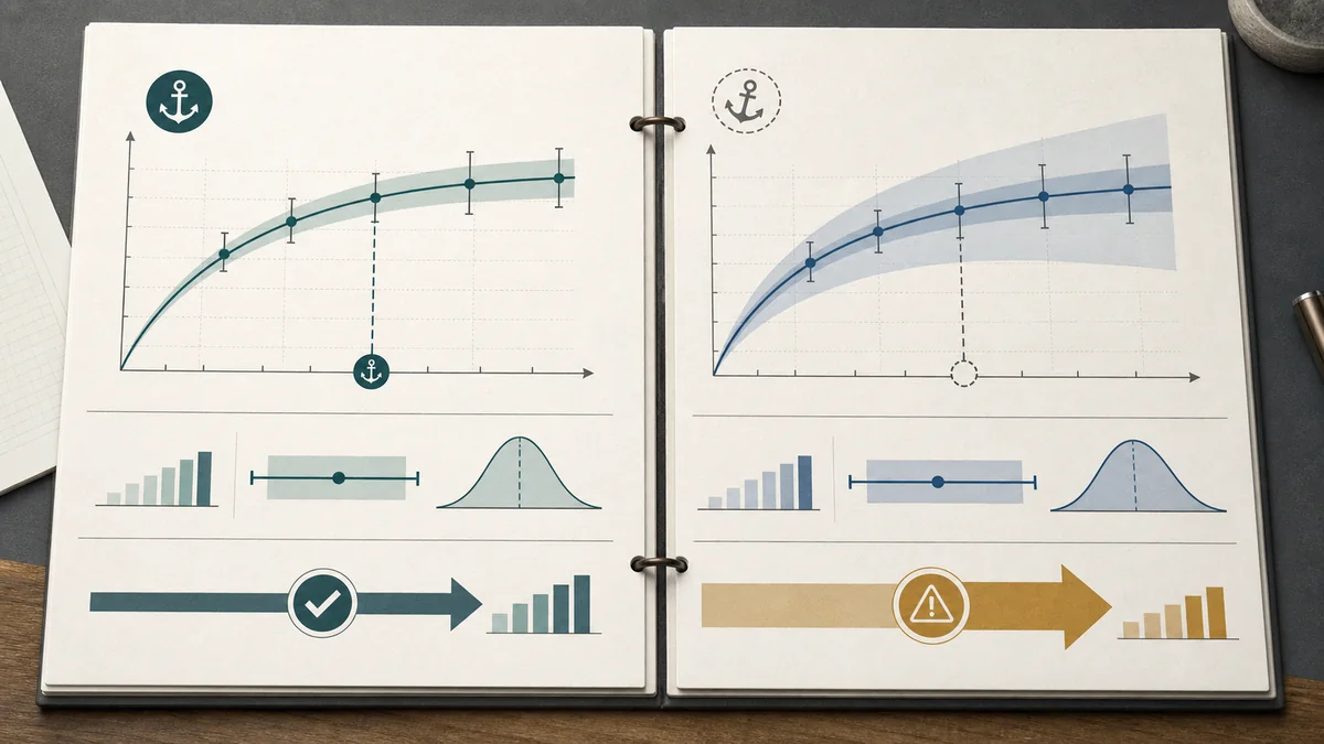 Side-by-side model readout paths showing a calibration anchor included and loosened before a cautious decision arrow.