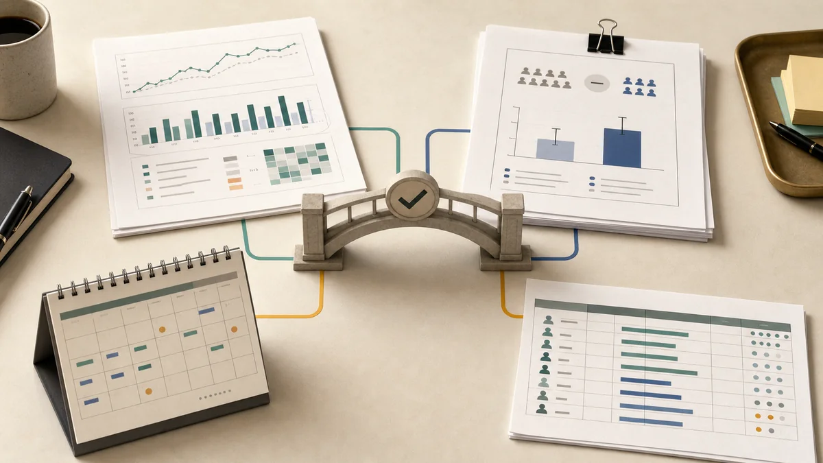 Measurement desk comparing a marketing mix model output, lift test packet, calendar window, and audience sheet before a budget decision.