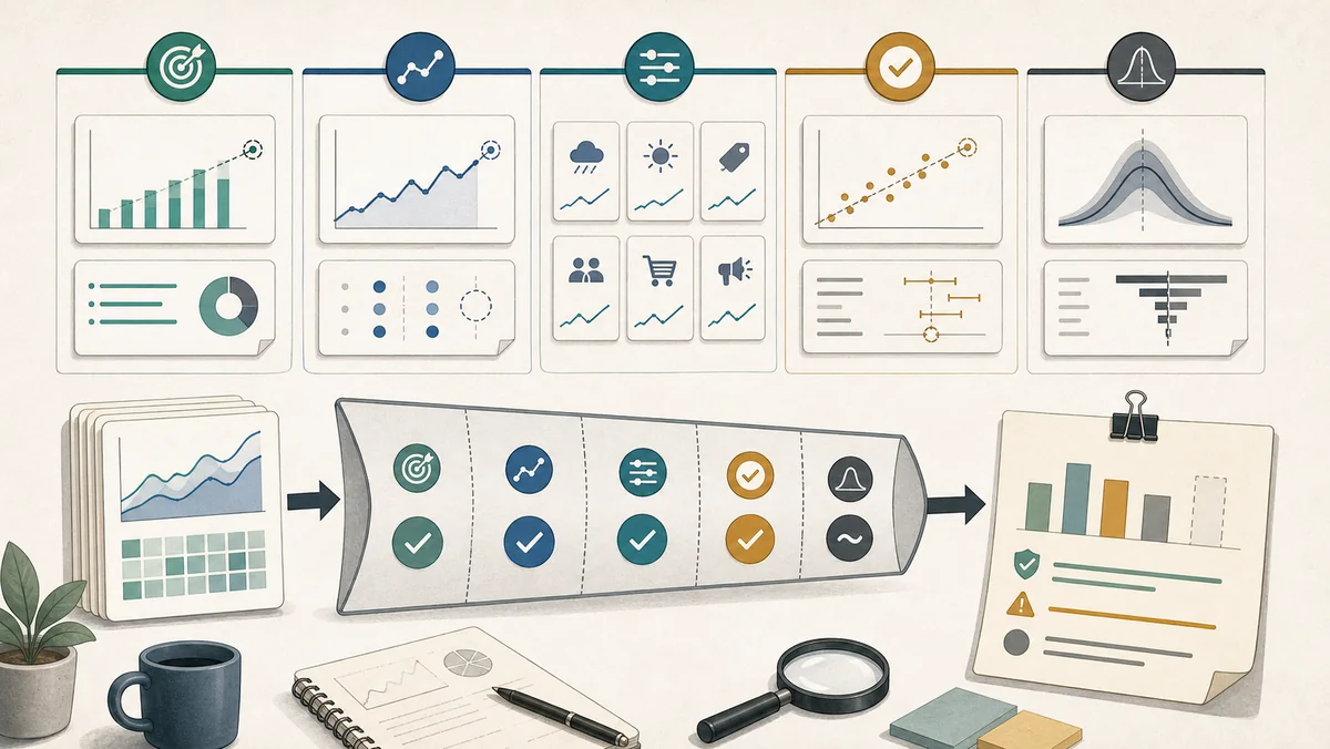 Editorial illustration showing marketing mix model evidence moving through decision, outcome, control, calibration, and uncertainty checks before a cautious budget recommendation.