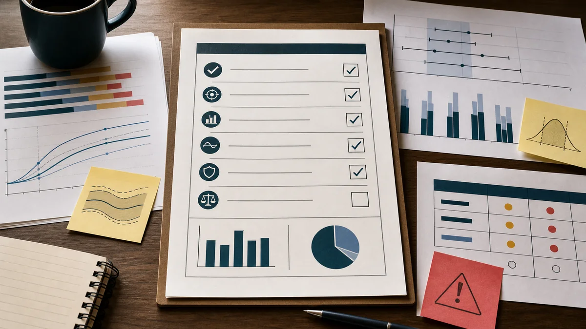 MMM readout checklist on a desk with response curves, uncertainty intervals, channel bars, and warning markers.