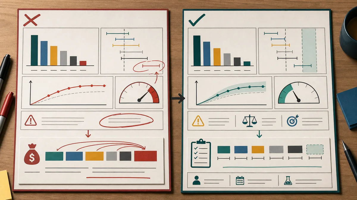Side-by-side MMM readout boards showing an overconfident budget claim replaced by a bounded decision claim.