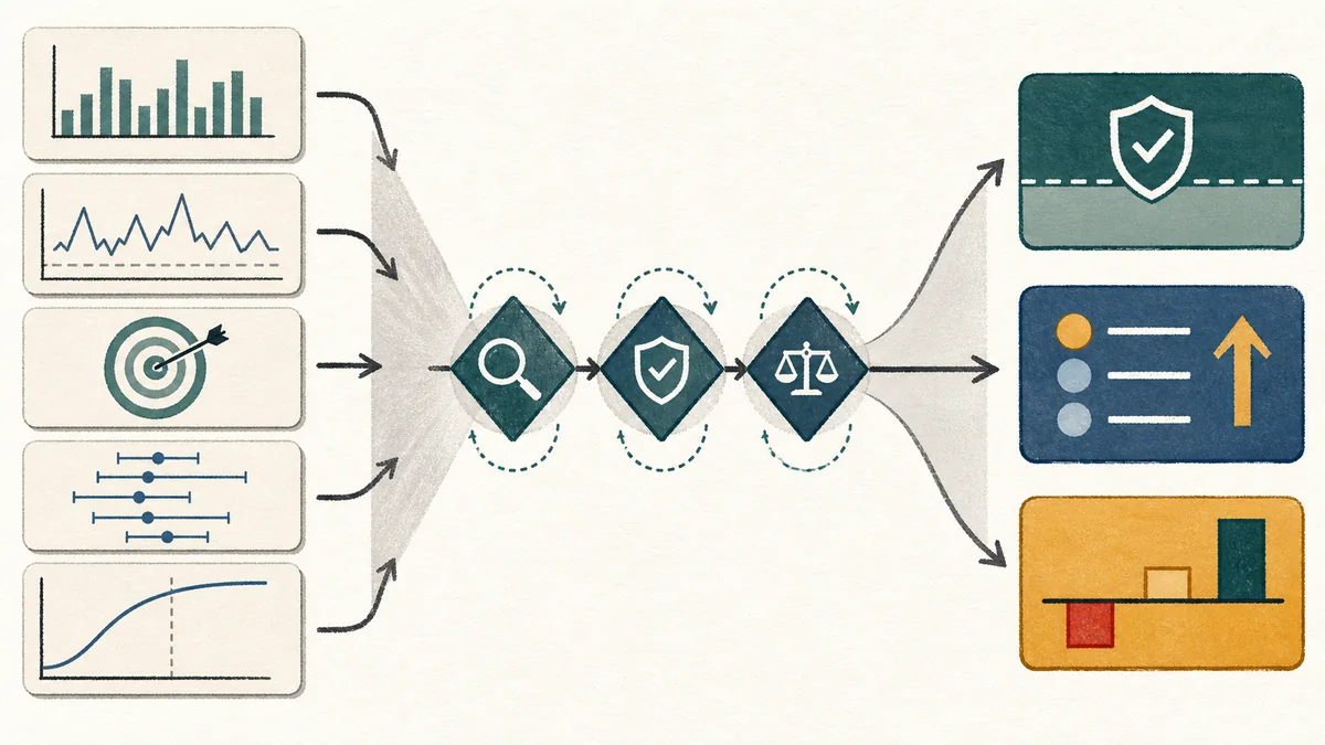 MMM evidence inputs passing through review, validation, and claim-boundary gates toward decision outputs.