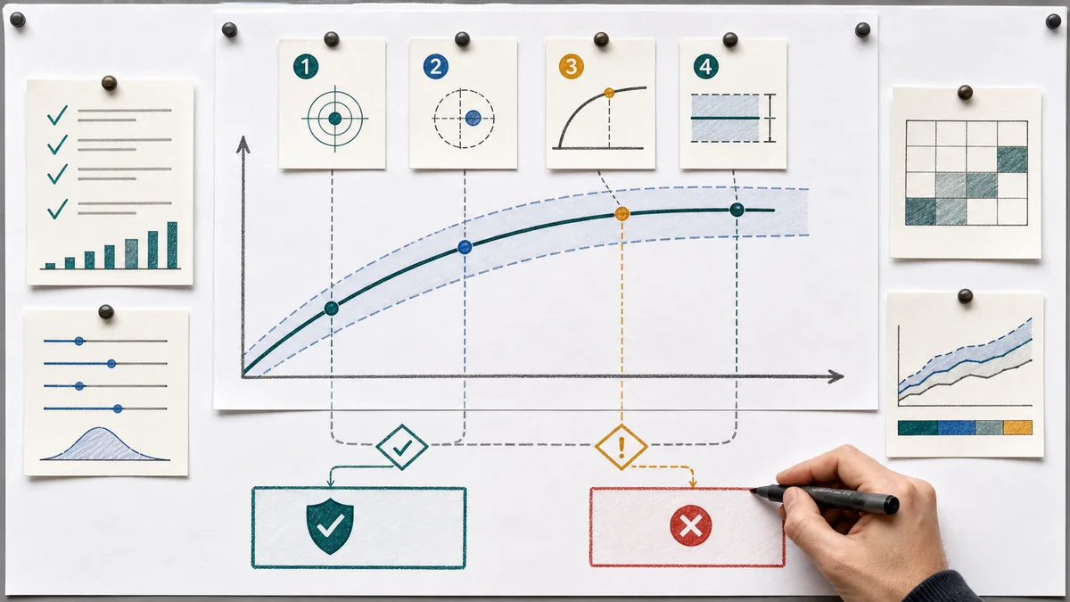 Response curve workflow with numbered checks for current spend, proposed spend, saturation, uncertainty, and decision boundary.