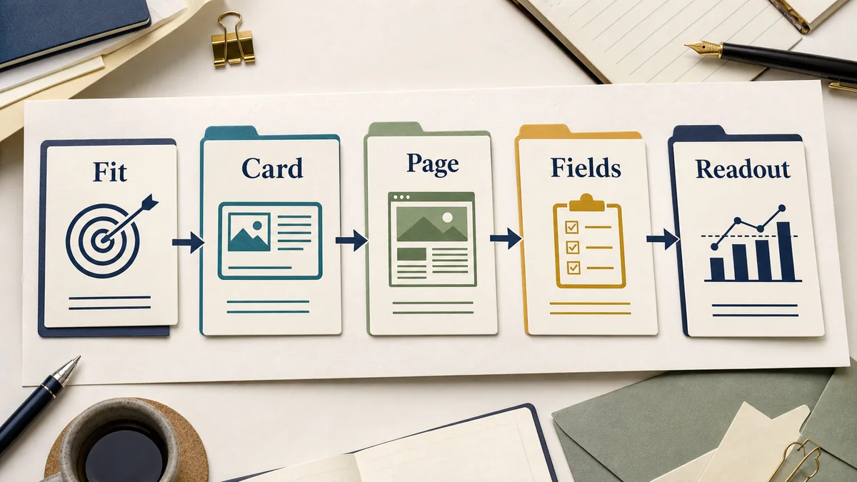 Five connected native advertising approval records for source fit, card promise, destination match, launch fields, and readout boundary.