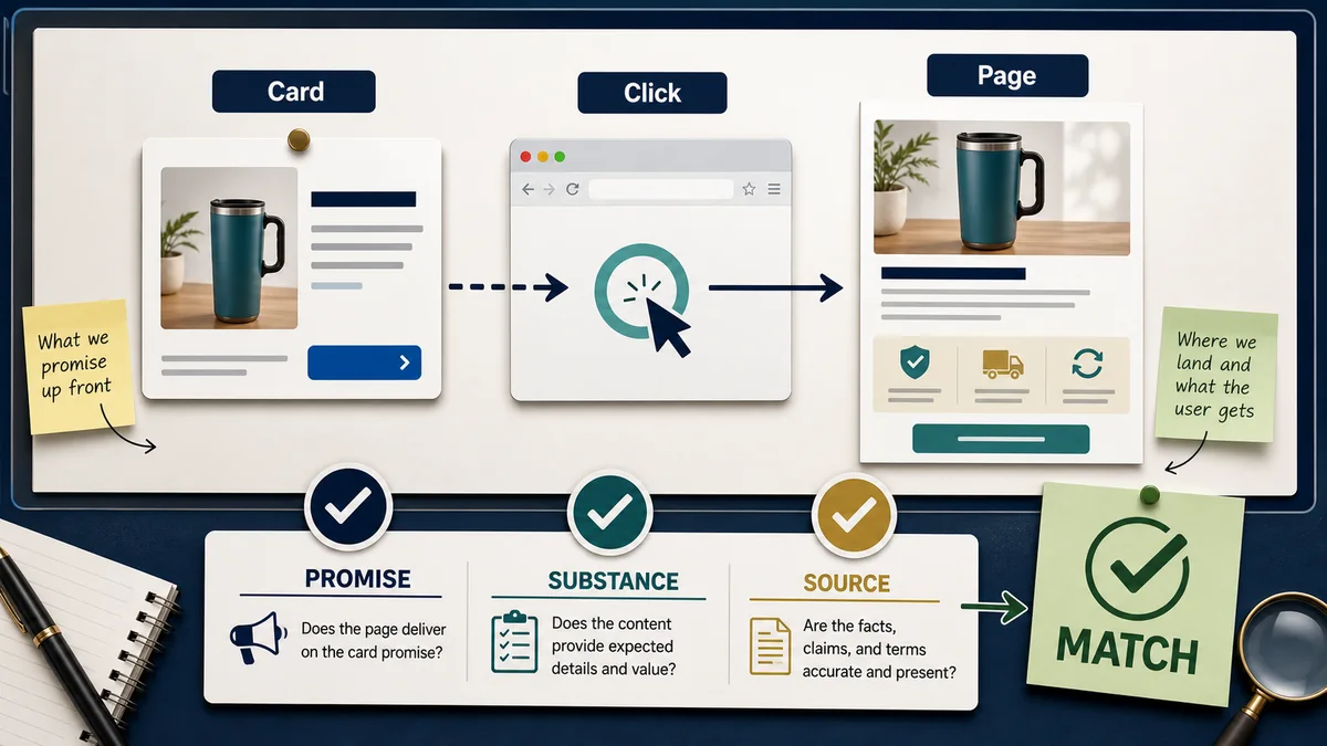 Card-to-page match workflow showing a paid card, click path, destination page proof, and inspection markers for promise, substance, and source fields.
