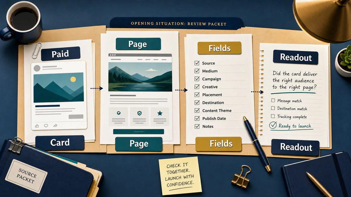 Native advertising review desk with a paid card, destination page, source packet, launch fields checklist, and readout note arranged together.