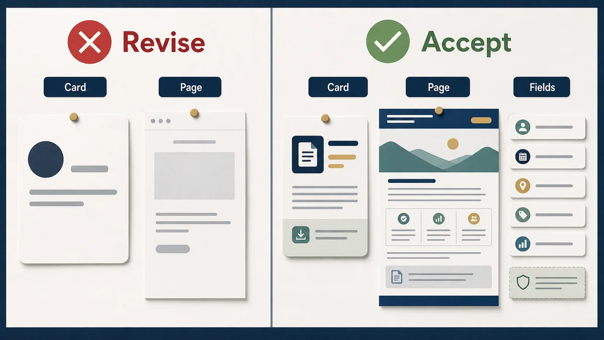Side-by-side native card review board contrasting a vague card and thin page marked revise with a clearer card, useful page proof, and separated fields marked accept.