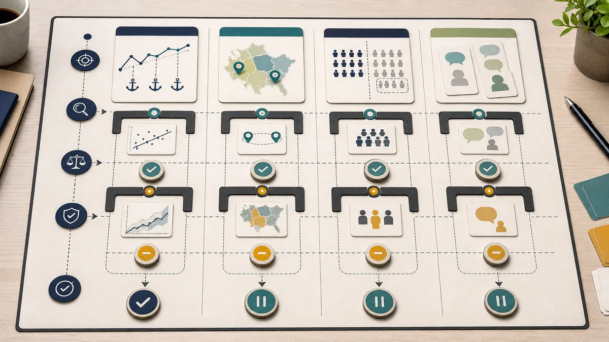 Diagnostic workflow map showing four method lanes with evidence gates and interim action boundaries.