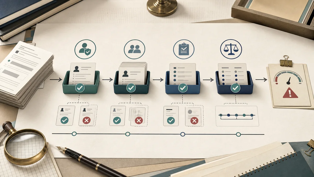 Editorial illustration of campaign outcome records moving through eligibility, deduplication, qualification, and comparison checks before a cautious decision.