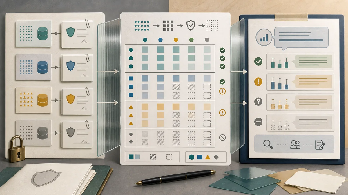 Editorial privacy-safe measurement review board showing source permissions, aggregate suppression checks, denominator visibility, and claim review as separate evidence steps.