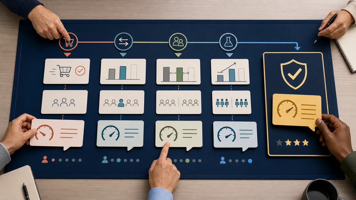 Private marketplace buying terms decision board showing delivery, directional comparison, matched baseline, and designed test evidence lanes before readout wording.