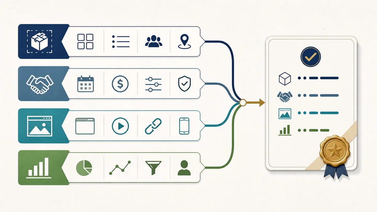 Private marketplace buying terms stack flowing from package scope, deal setup, creative handoff, and reporting fields into one approved campaign record.