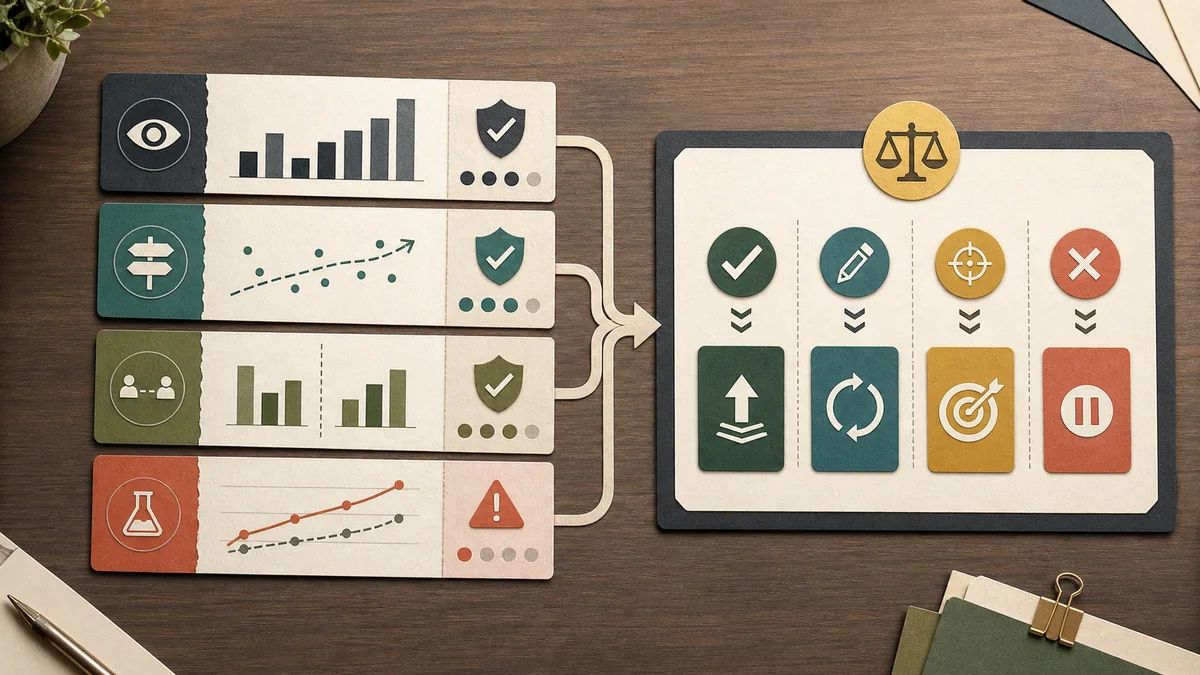Private marketplace campaign measurement decision board sorting descriptive delivery, directional comparison, matched baseline, and designed test evidence before renewal language.