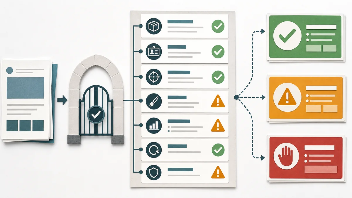 Private marketplace approval gate routing proof, identifiers, scope, creative, reporting, and renewal checks into ready, revise, or hold lanes.