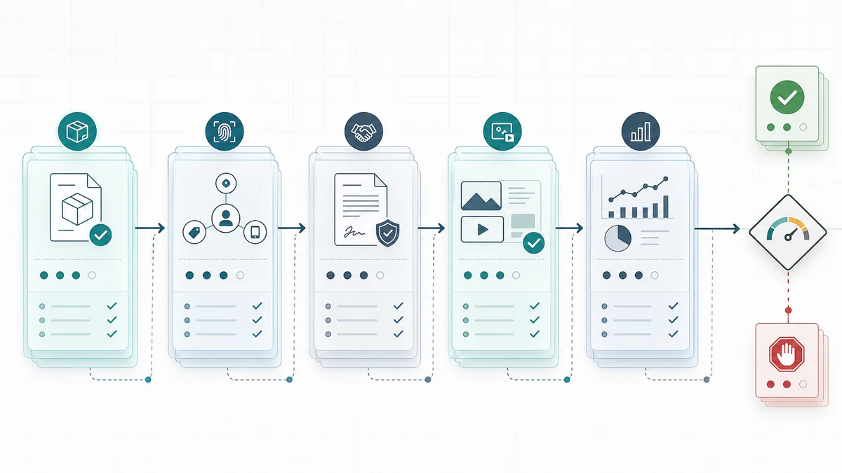 Five-layer private marketplace evidence flow from package proof through deal identifiers, placements, creative handoff, reporting, and renewal threshold.
