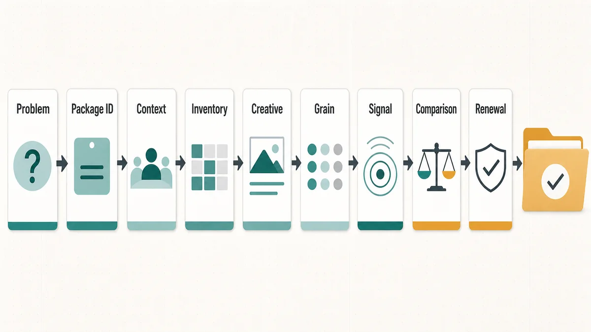 Nine package brief fields flowing from buyer problem and package ID through context, inventory, creative, reporting grain, signal, comparison, and renewal evidence.