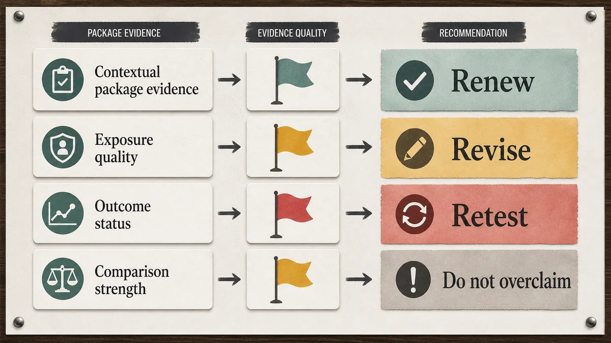 Renewal decision board translating package evidence quality into renew, revise, retest, or do not overclaim recommendations.