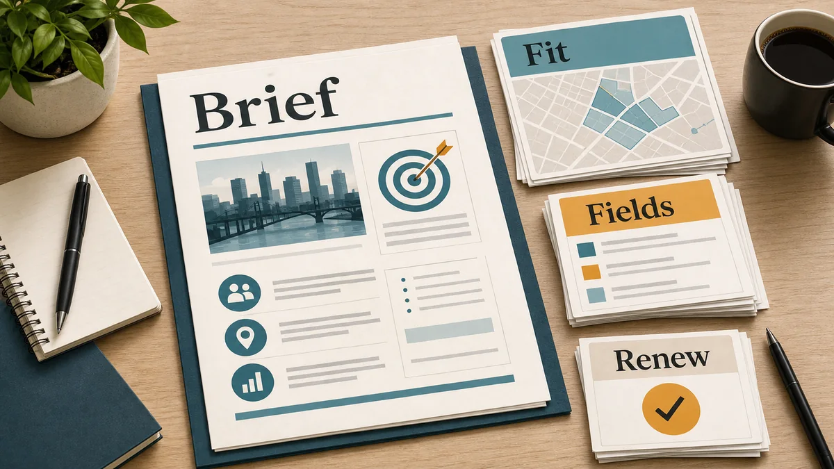 A private marketplace package brief review desk connecting fit, reporting fields, and renewal evidence before launch.