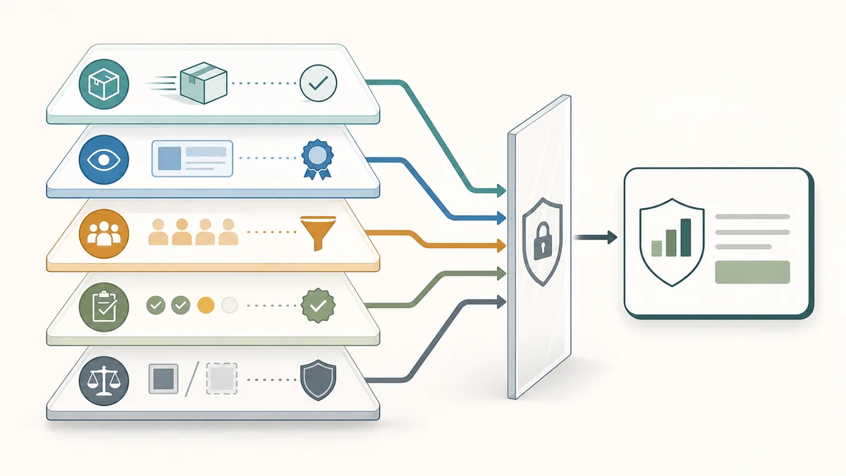 Private marketplace package performance evidence ladder with delivery, exposure, traffic, lead status, and comparison strength converging through a guardrail.