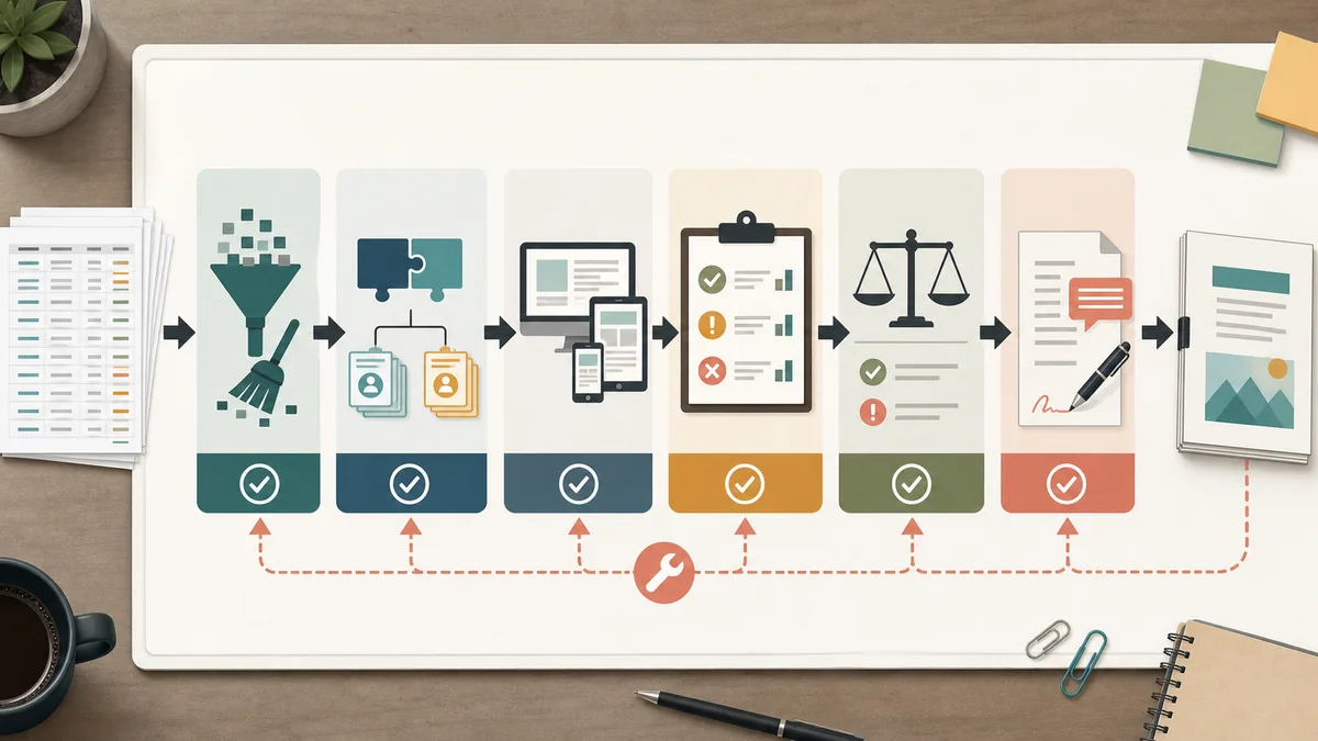 Private marketplace package performance workflow from row-level export cleanup through package split, device check, outcome review, comparison rule, and wording approval.