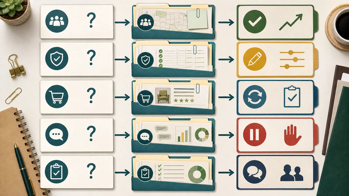 Buyer questions flowing into evidence records and responsible renewal actions for a private marketplace package.