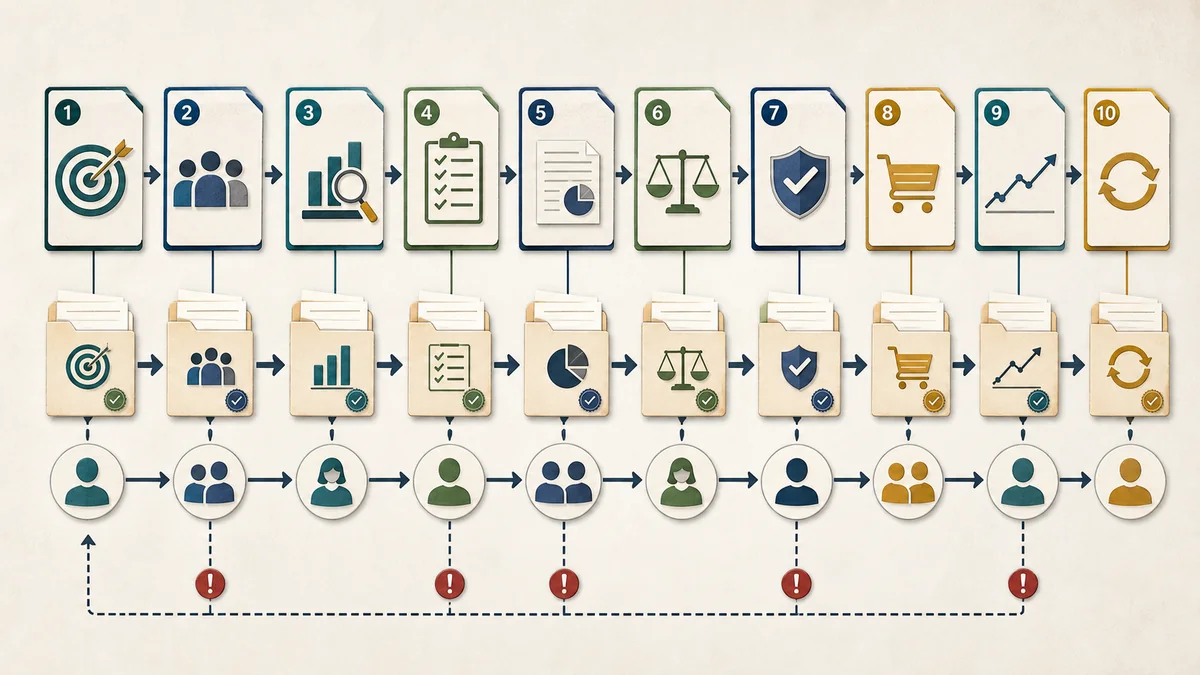 Ten-stage private marketplace readiness sequence showing each stage producing evidence before the next handoff.