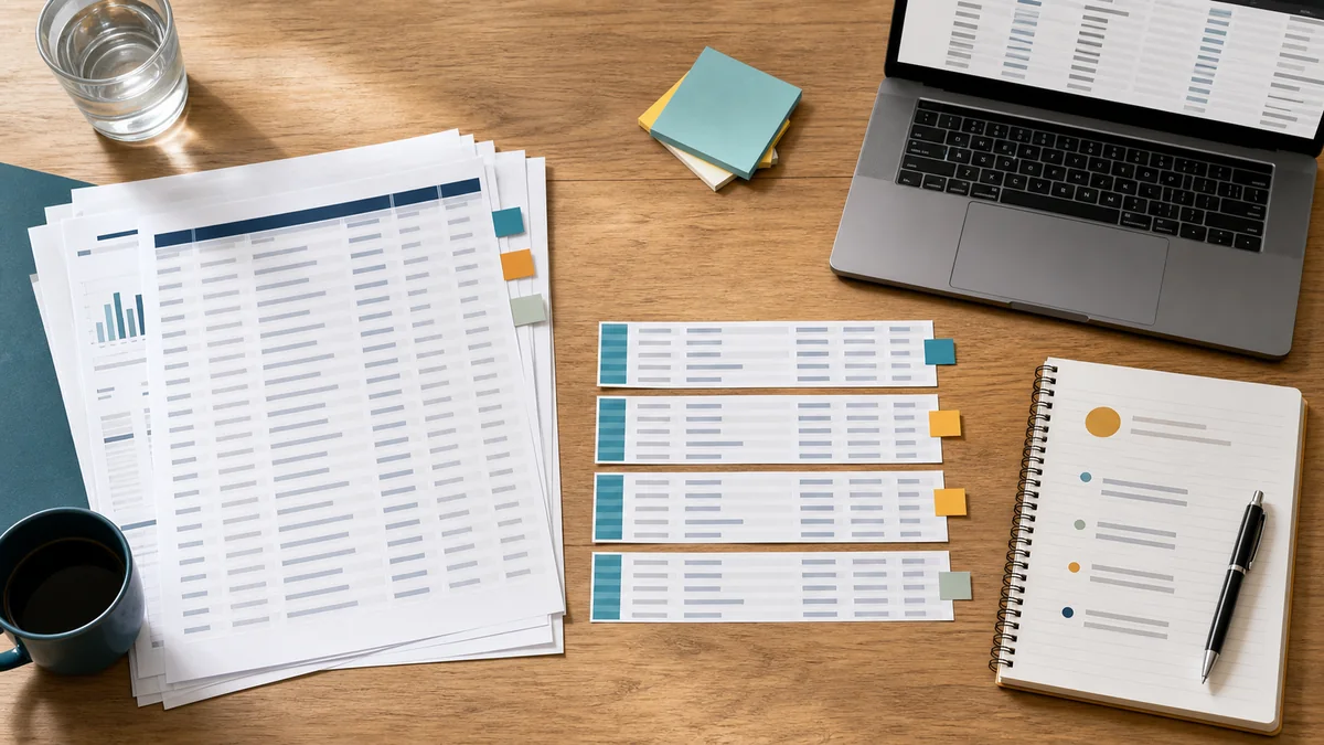 Private marketplace renewal meeting desk with campaign export sheets, row-level evidence, and a decision note before summary language is written.