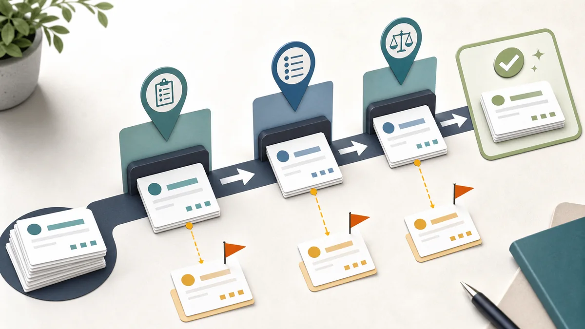 Private marketplace export quality workflow moving campaign rows through delivery minimum, outcome status, comparison strength, and bounded conclusion checks.