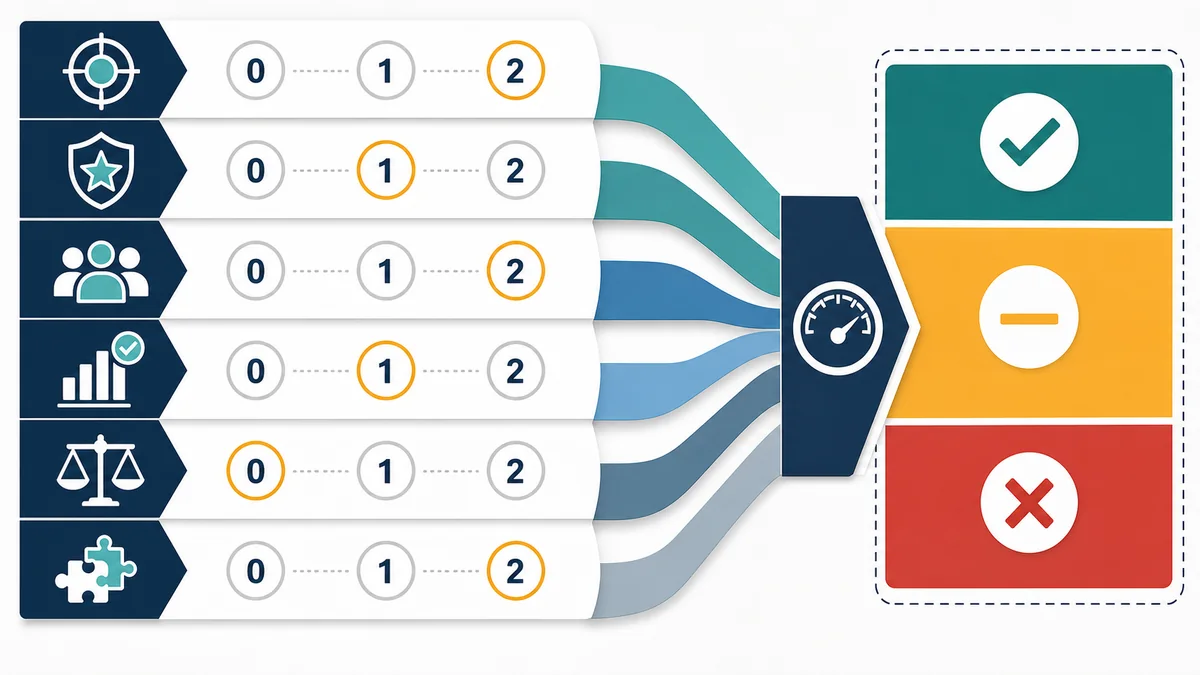 Private marketplace renewal scorecard model with six separate evidence lanes scored from zero to two before a decision band.